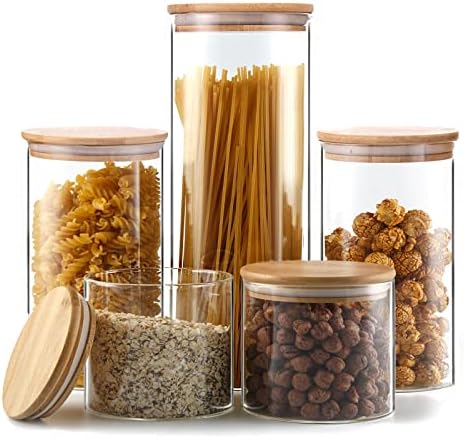 Clear glass food storage jars with lids, set of five